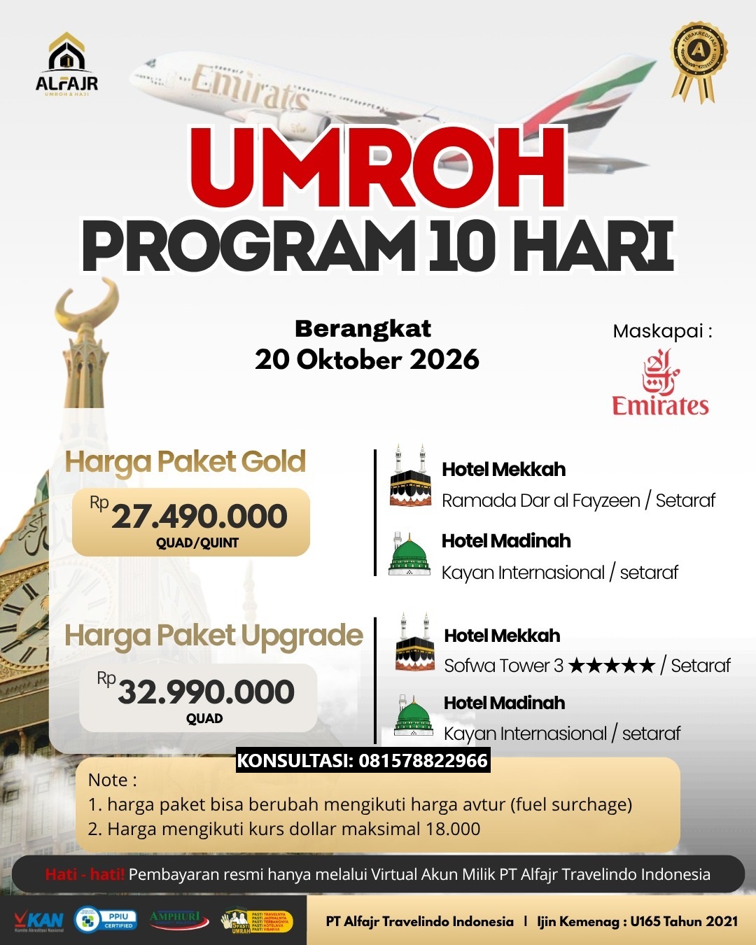 Emirates 10 Hari 2026 Official Pusat Solo Alfajr Umroh Purworejo Haji Khusus Kebumen Magelang Wonosobo Temanggung Yogya Kulonprogo 20 Oktober 2026